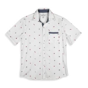 PD&C Peached Poplin Short Sleeve Button Up Shirt White Geometric M Classic Retro